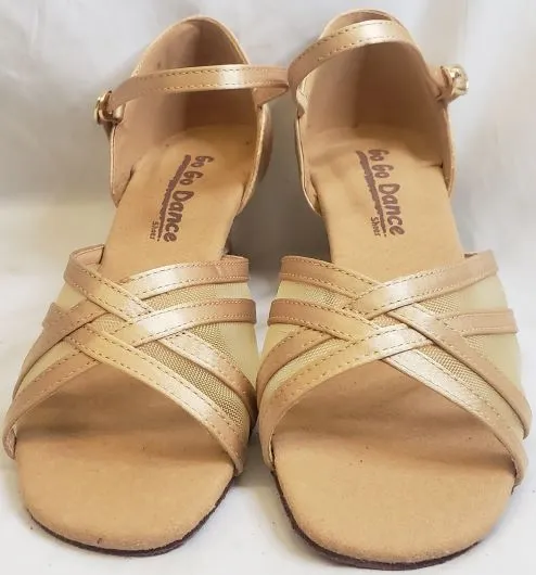 1.3" Harla -- Women's Thick Heel Latin Sandal -- Light Tan Satin Kids Play