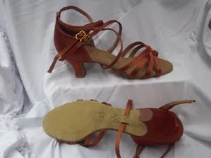 2.25" Ria -- Wide Heel Latin Sandal -- Dark Tan Satin Calm Mood Curve Hug