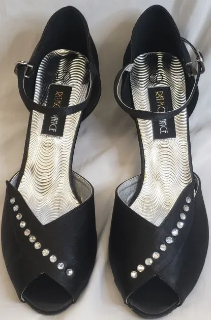 2.38" Anara -- Closed Back/Open Toe Ballroom Shoe -- Black Satin Star Walk Spanish Bold