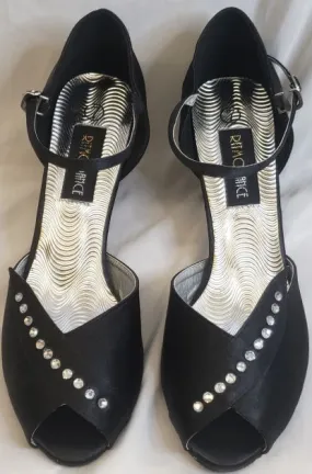 2.38" Anara -- Closed Back/Open Toe Ballroom Shoe -- Black Satin Star Walk Spanish Bold