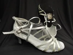 Trendy 2.38" Brandy -- Flare Heel Latin Sandal -- Silver Satin