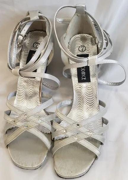 Autumn Tone 2.38" Sonia -- Flare Heel Latin Sandal -- Silver Satin