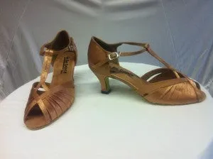 2.5" Angelina -- Flare Heel Latin Sandal -- Tan Satin Breath Fresh