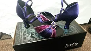 2.5" Blanche -- Wide Heel Latin Sandal -- Purple Satin/Purple Glitter Forest Path