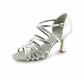 2.5" Brenda -- Flare Heel Latin Sandal -- Silver Shock Guard Arch Fit