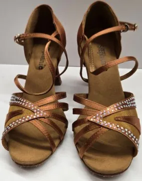 2.5" Cindy -- Women's Flare Heel Latin Sandal -- Dark Tan Satin Chic Cool Photo Glam