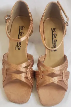 Game Ready Spring Jump 2.5" Cynthia -- Women's Flare Heel Latin Sandal  -- Tan Satin