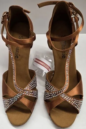 Power Grip Breath Fresh 2.5" Dominique -- Women's Gold Flare Heel Latin Sandal -- Dark Tan Satin/Gold Heel