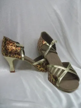 2.5" Flor -- Flare Heel Latin Sandal -- Leopard/Gold Reinforced Seams Korean Trend