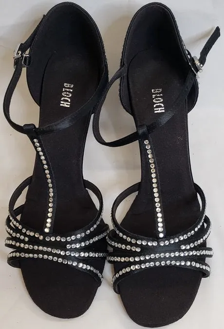 Leather 2.5" Guilia -- Flare Heel Latin Sandal with Rhinestones -- Black Satin