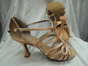 Airy Design All Comfort 2.5" Hope -- Flare Heel Latin Sandal with Rhinestones -- Tan Satin