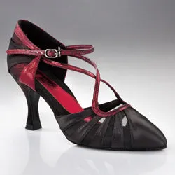 2.5" Mariana -- Women's Flare Heel Standard Ballroom Shoe -- Black Satin/Red Trim Fitness Vibe Good Traction