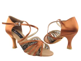 Ventilated 2.5" Rosanna -- Women's Flare Heel Latin Sandal -- Dark Tan Satin/Black Lace
