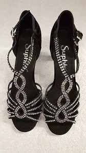 2.5" Sofia -- Women's Flare Heel Latin Sandal -- Black Satin Posture aid Hot Mood