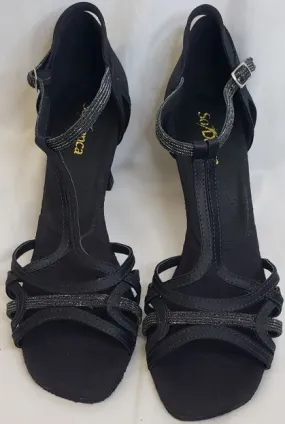 Sport Active Comfort Bend 2.5" Tammy -- Flare Heel Latin Sandal -- Black Satin/Glitter