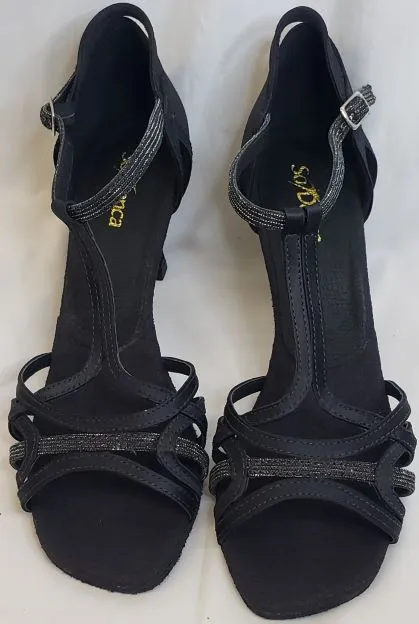 Sport Active Comfort Bend 2.5" Tammy -- Flare Heel Latin Sandal -- Black Satin/Glitter