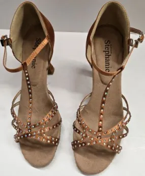 Garden Walk 2.75" Norma -- Women's Flare Heel Latin Sandal -- Dark Tan Satin