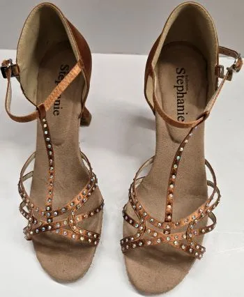 2.75" Norma -- Women's Flare Heel Latin Sandal -- Dark Tan Satin Match Fit Foot Glow