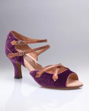 Wide Path Timeless Fit 2" Constance -- Flare Heel Latin Sandal -- Purple Velvet/Bronze Trim