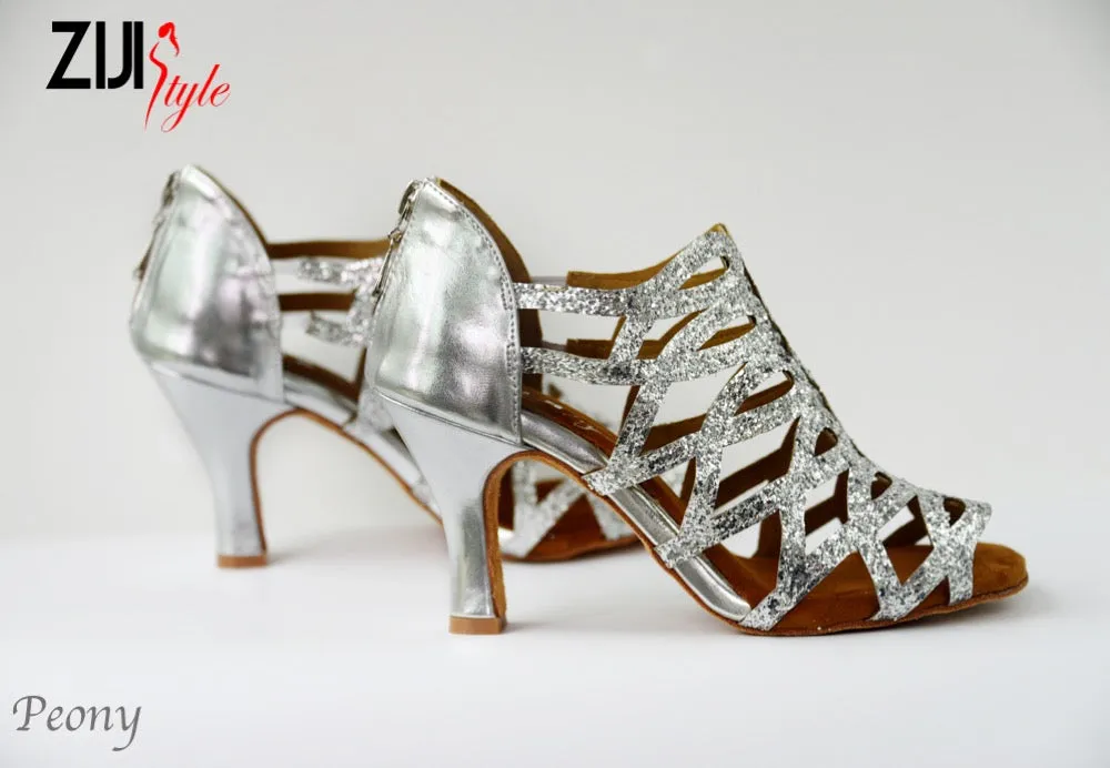3.25" Peony -- Women's Latin Sandal -- Silver Sequins water proof