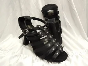 3.38" Brittany -- Flare Heel Latin Sandal -- Black Satin All Day Rainy Day