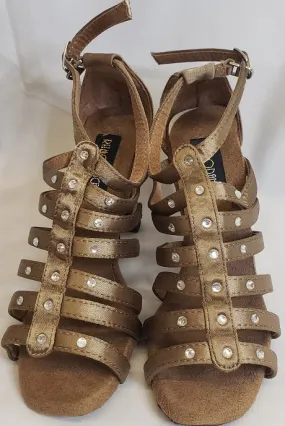 3.38" Brittany -- Flare Heel Latin Sandal -- Bronze Satin Breath Fresh