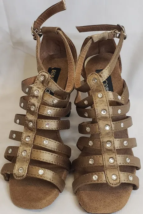 3.38" Brittany -- Flare Heel Latin Sandal -- Bronze Satin Ventilated Mesh Long Distance