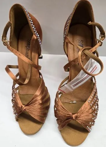 3.5" Aurora -- Women's Gold Flare Heel Latin Sandal -- Dark Tan Satin Stone Glam Responsive Cushion Weekend Warriors