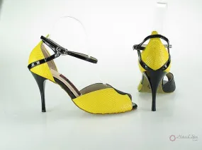 3.5" Irene -- Ultra Slim Heel Latin Sandal -- Yellow/ Black Snake Paint PU with Black Patent Heel Leather