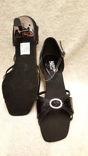 Ocean Edge 2.5" Savannah -- Flare Heel Latin Sandal -- Black Satin/ & Black Patent/Dark Silver Heel