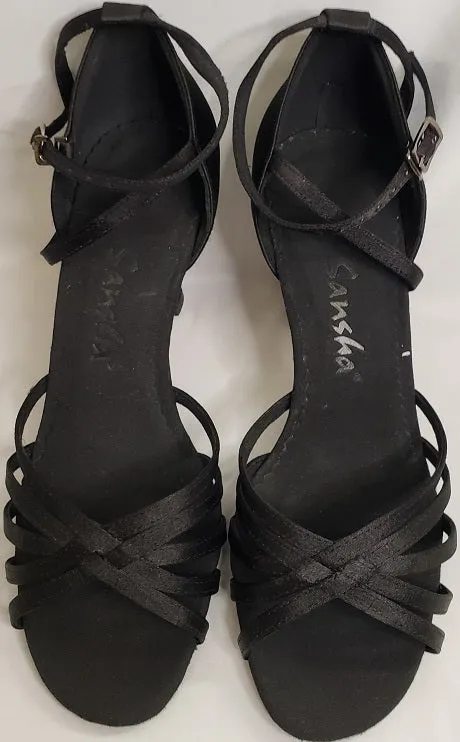 3" Alaia -- Flare Heel Latin Sandal -- Black Satin Bone Aid