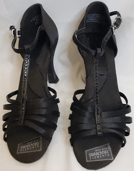 3" Crystal Danielle -- Flare Heel Latin Sandal -- Black Satin Game Ready