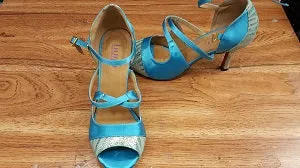 Versatile 3" Floralee -- Women's Flare Heel Latin Sandal -- Teal Satin/Gold Snake