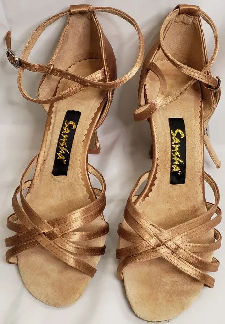 3" Leanne -- Flare Heel Latin Sandal -- Gold Satin Sun Glow Comfortable Design