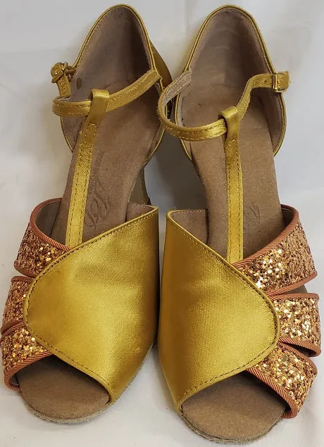 Wide Base 3" Maureen -- Flare Heel Latin Sandal -- Tan Satin/Dark Tan Glitter
