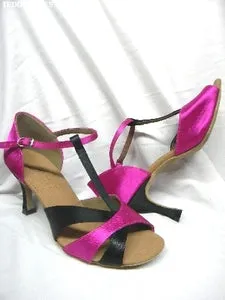 3" Natalie -- Flare Heel Latin Sandal -- Fuschia Satin/Black Satin Smart Look Teen Fun