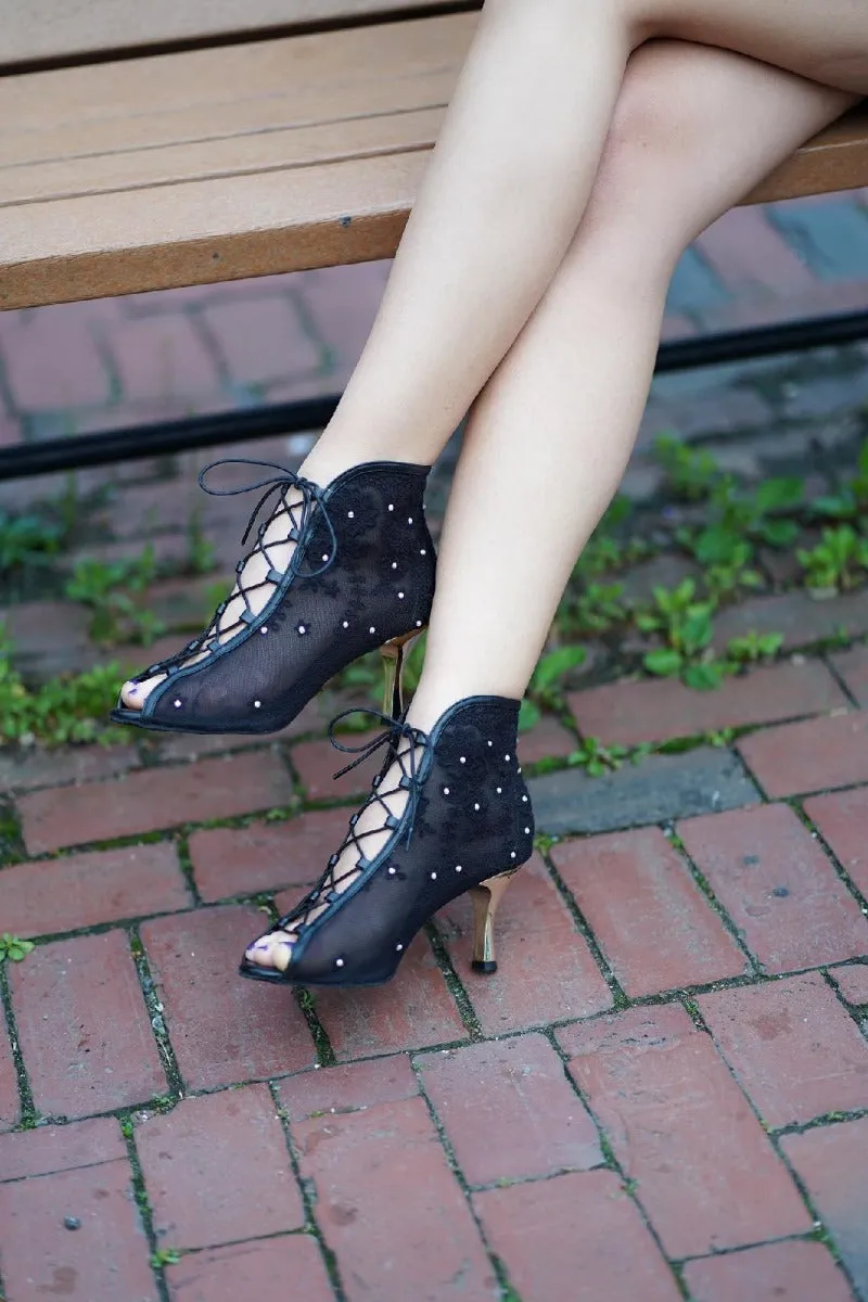 Storm Proof 3" Rose -- Women's Lace-Up Boot -- Black Lace with Gold Heel