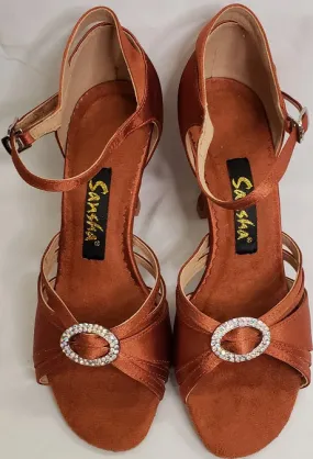 3" Margarita -- Flare Heel Latin Sandal -- Dark Tan Satin Cushioned heel