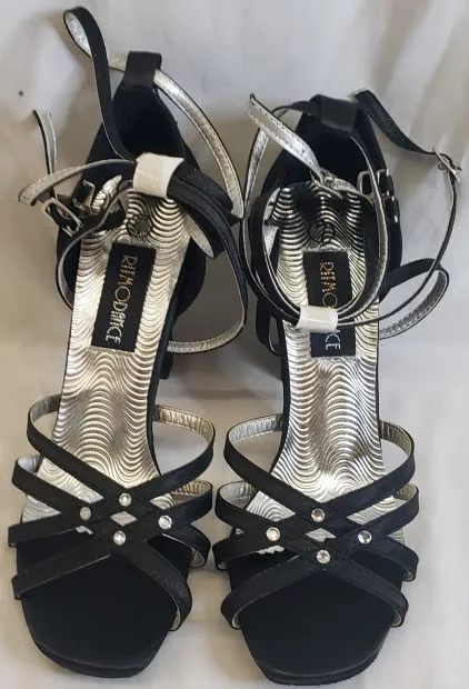 Dad Pick 3.38" Vera -- Flare Heel Latin Sandal -- Black Satin