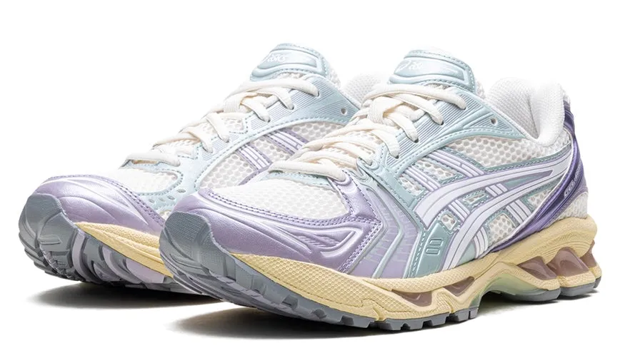 ASICS Gel-Kayano 14 Cream Dusk Violet Ventilated Mesh Travel Enthusiasts