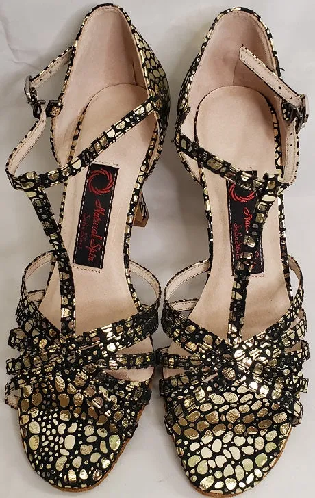 All Weather Everyday Users 3" Ramona -- Flare Heel Latin Sandal -- Black/Gold