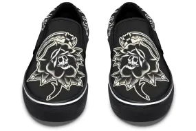 Red Glow Polish Look Black Rose Scythe Skull Slip On Shoes