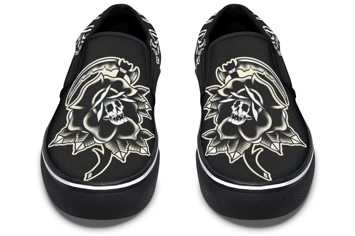 Black Rose Scythe Skull Slip On Shoes Italian Glam