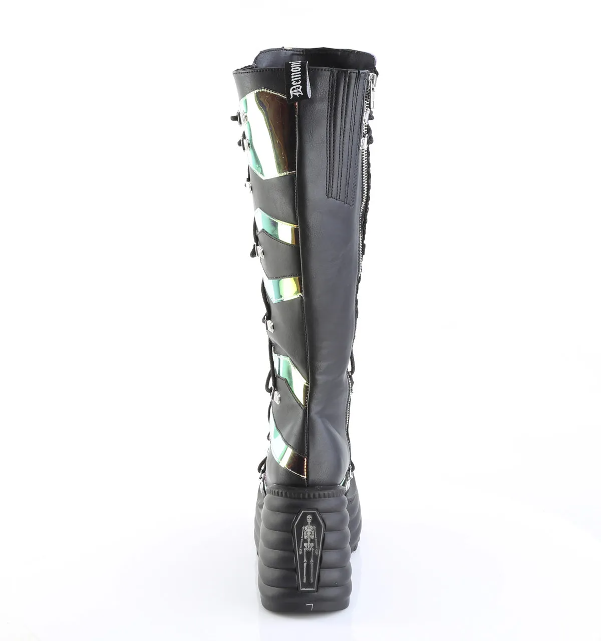 Anti Bacterial Fashion Glow BLAZE-152 Black Vegan Leather- Magic Mirror Knee High Boots