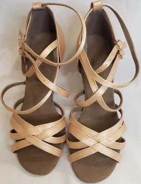 Anytime Go 3.38" Carla -- Flare Heel Latin Sandal -- Light Tan Satin