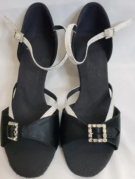 Step Tall Date night 2.25" Elise -- Wide Heel Latin Sandal -- Black/Silver