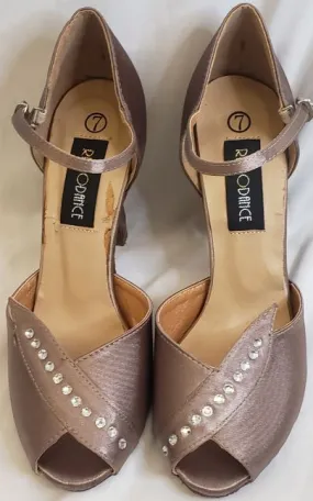 3.38" Hilda -- Closed Back/Open Toe Ballroom Shoe -- Bronze Satin Stone Grip Shine Silver