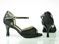 White Clean 2.5" Katie -- Flare Heel Latin Sandal -- Black Foil Crepe/Black Patent PU with Black Patent Heel