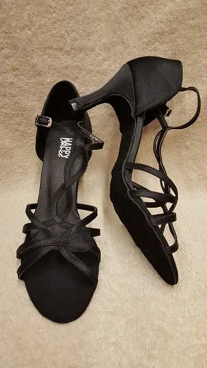 2.75" Rihanna - Flare Heel Latin Sandal -- Black Satin Black Edge Vintage Mood