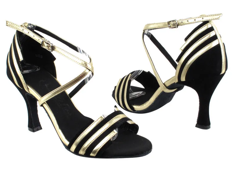 3" Brianna -- Women's Flare Heel Latin Sandal -- Black Suede/Gold Dream Path Supportive Core Weekend Warriors